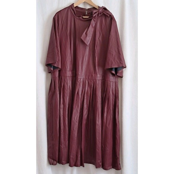 Eloquii Dresses & Skirts - Eloquii Faux Leather Pleated Skirt Tie Neck Midi Dress Burgundy PLS READ Size 28